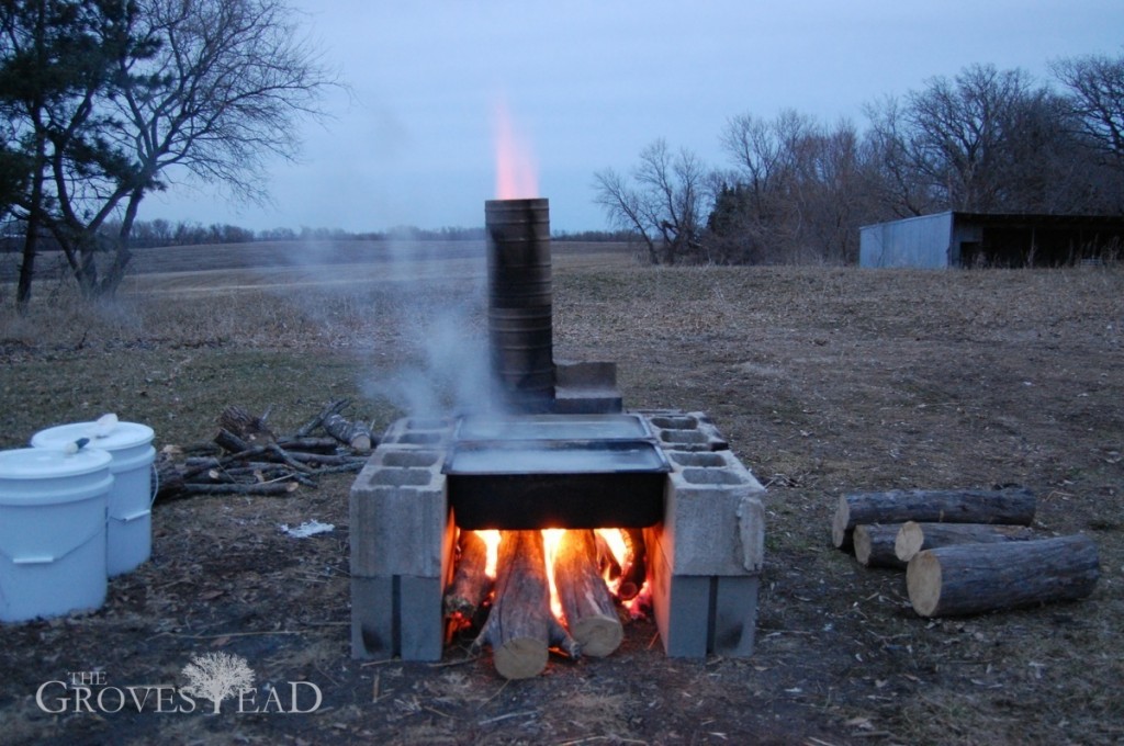 Boiling maple sap over home-built evaporator