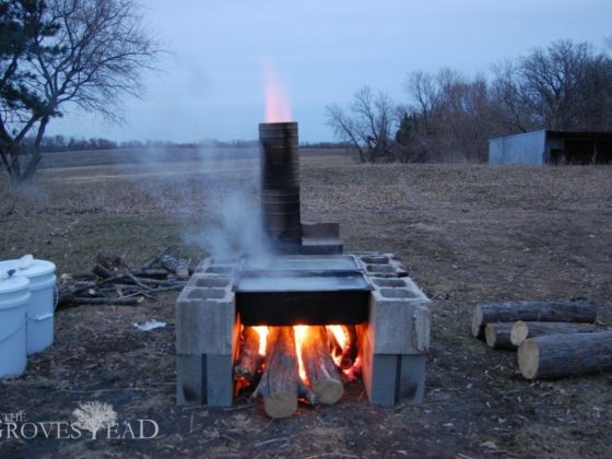 Boiling maple sap over home-built evaporator