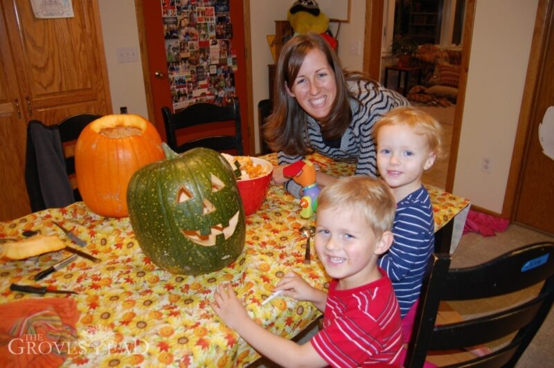 Becca carved one of our green pumpkins