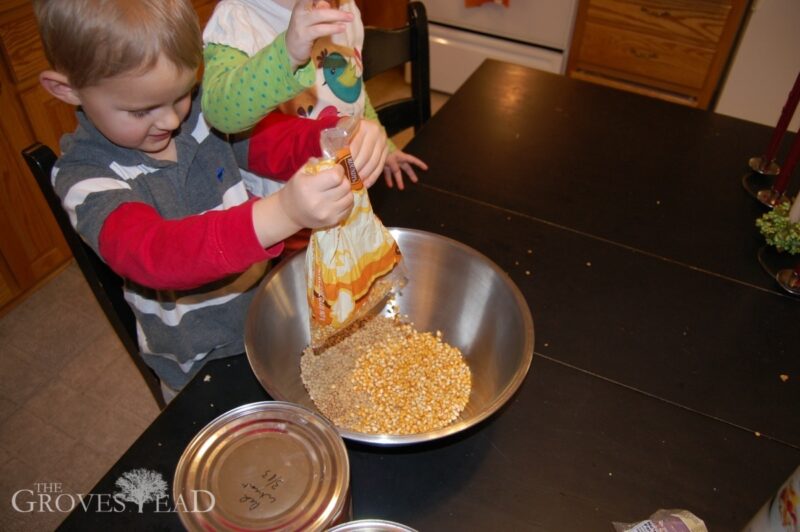 Dumping corn kernals into homemade chicken feed