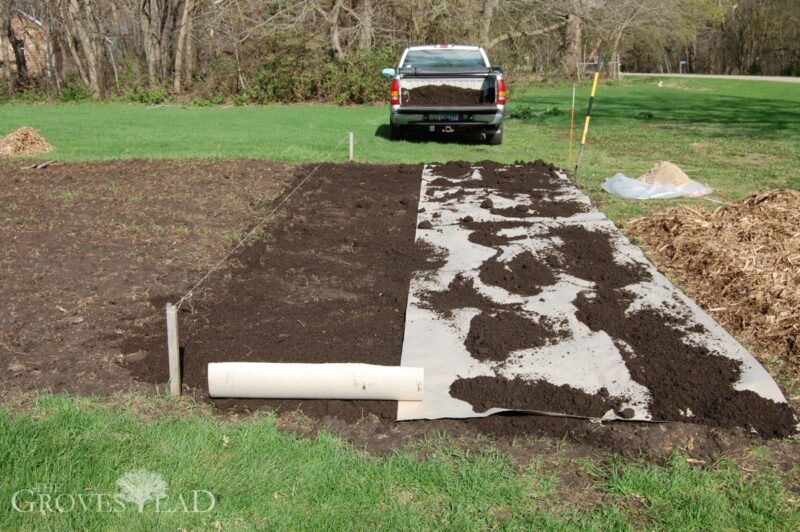 Paper mulch laid down over no-till garden