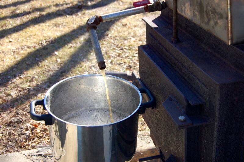 Draining the syrup out of a spout on the evaporator pan